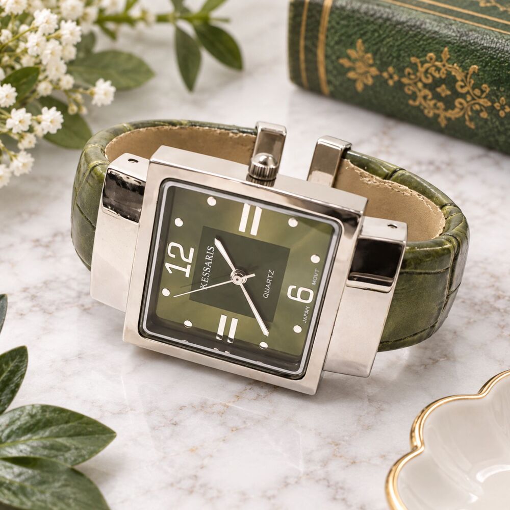 Kessaris Embraceable Cuff Watch Womens Silver Tone Green Quartz Wristwatch